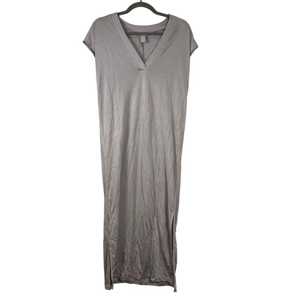 H&M Taupe V-Neck Maxi Dress Short Sleeve Side Slit Jersey Knit Women's XS